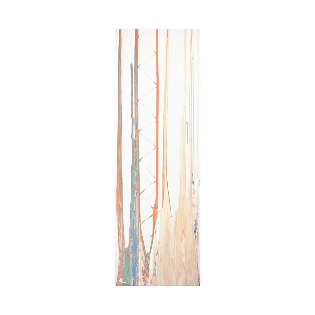 Balla abstract vertical canvas art, warm terracotta and peach drip lines on cream background, unframed stretched canvas, front view.