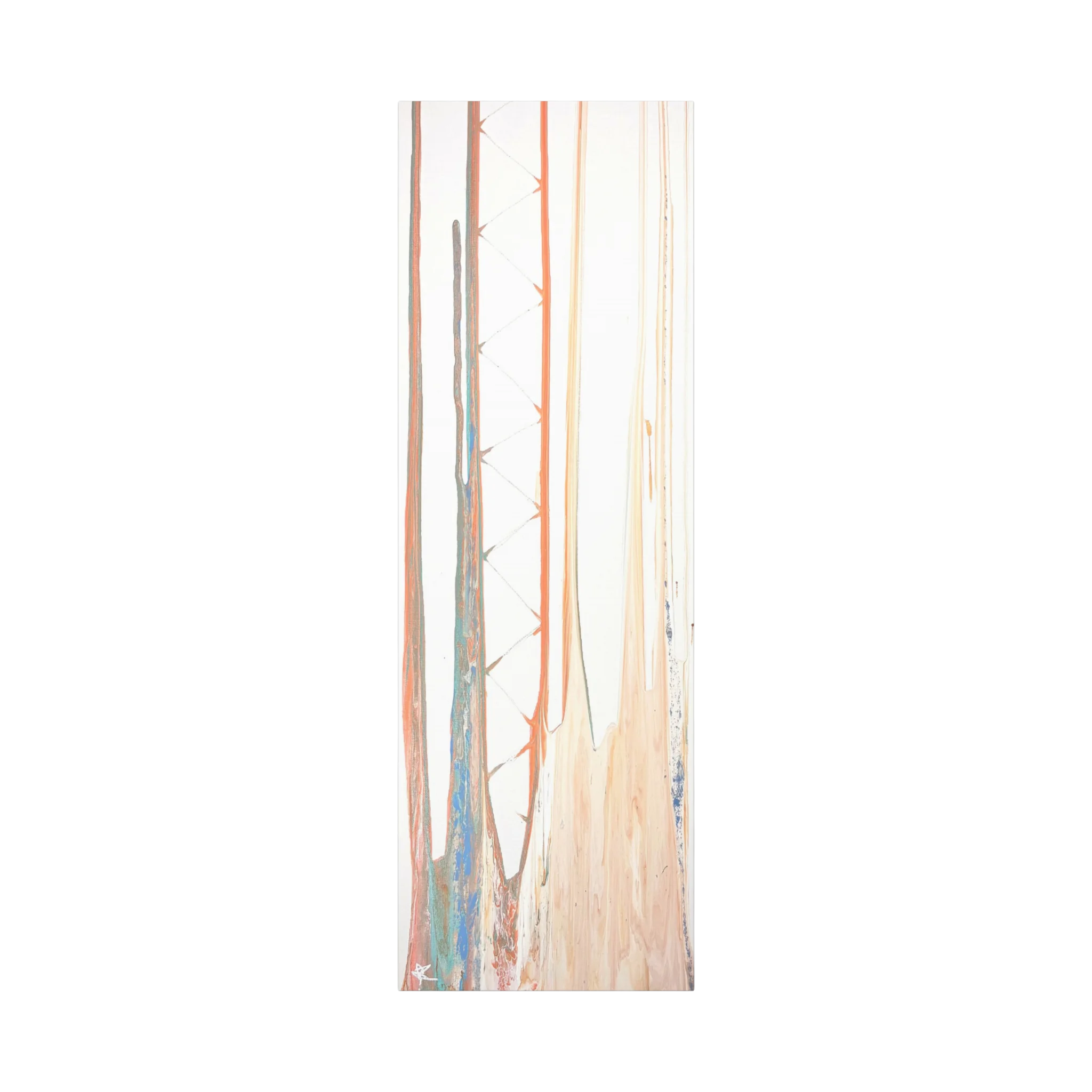 Balla abstract vertical canvas art, warm terracotta and peach drip lines on cream background, unframed stretched canvas, front view.