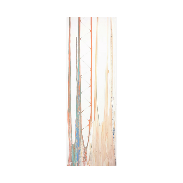 Balla abstract vertical canvas art, warm terracotta and peach drip lines on cream background, unframed stretched canvas, front view.