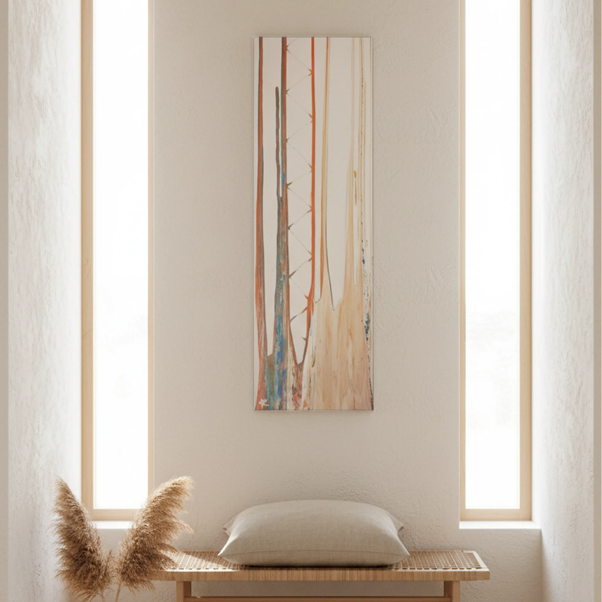Unframed abstract vertical canvas art in hallway, terracotta orange and blush tones, earthy textures, warm morning light.
