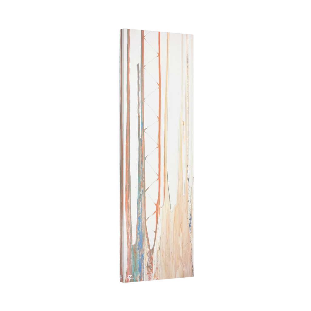 Balla abstract vertical canvas art, side view showing 1.5 inch deep stretched canvas profile, unframed.