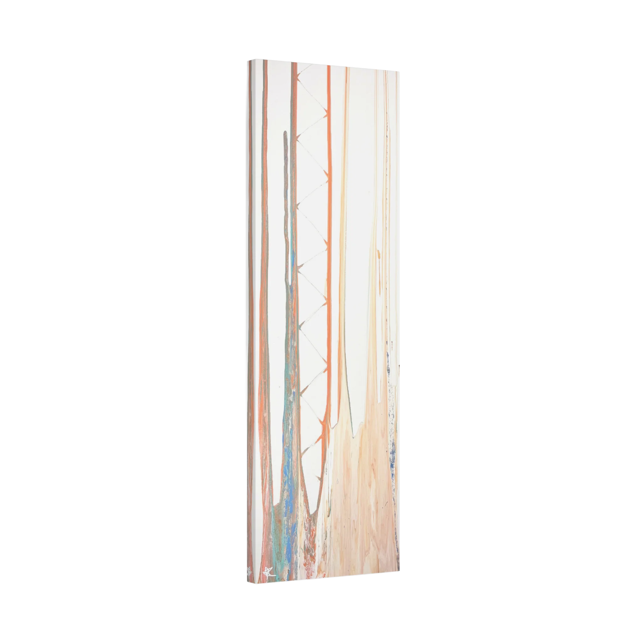 Balla abstract vertical canvas art, side view showing 1.5 inch deep stretched canvas profile, unframed.