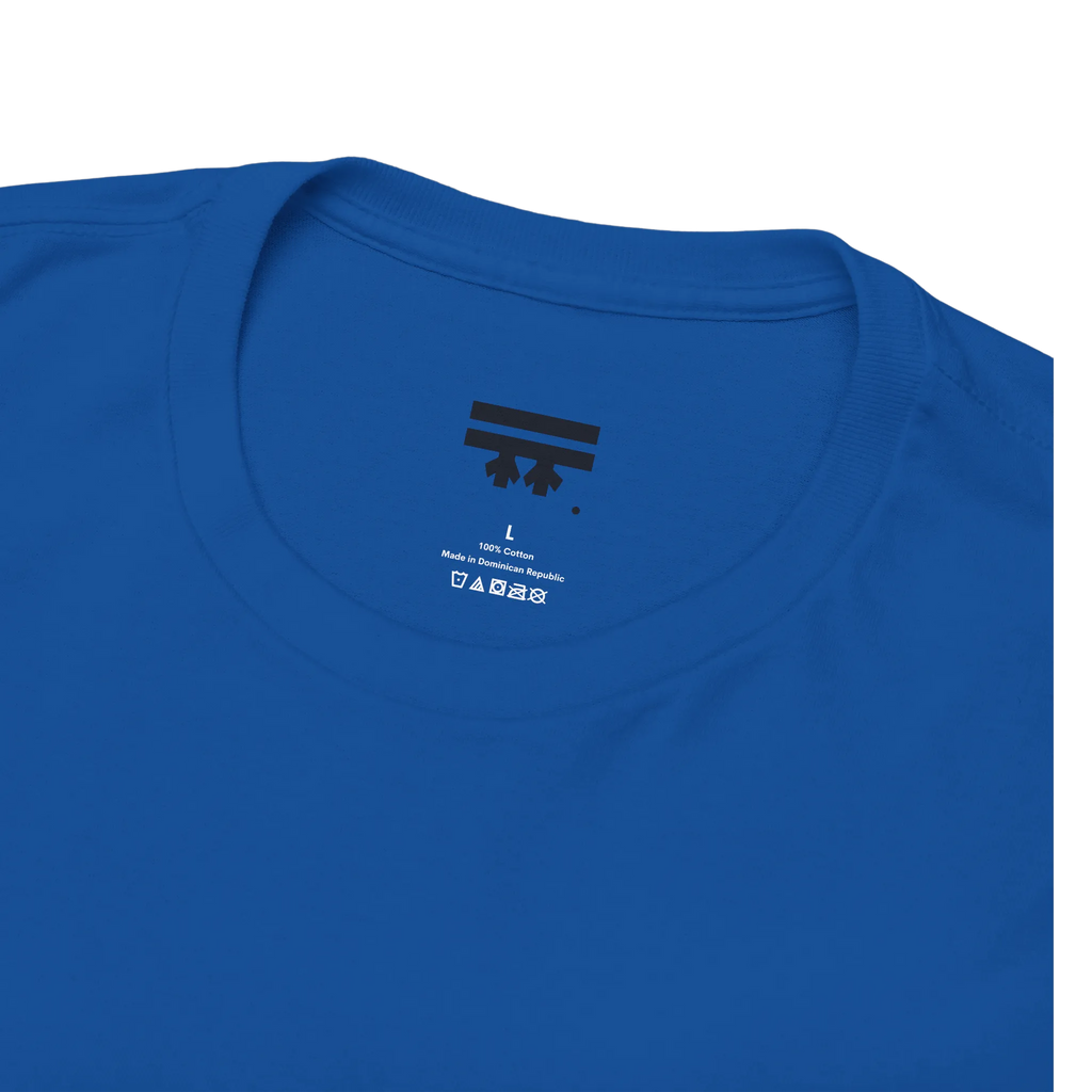 Be You rainbow script essential t-shirt, royal blue, inner neck tag detail, 100% cotton, FREEBRD Pride Gear.