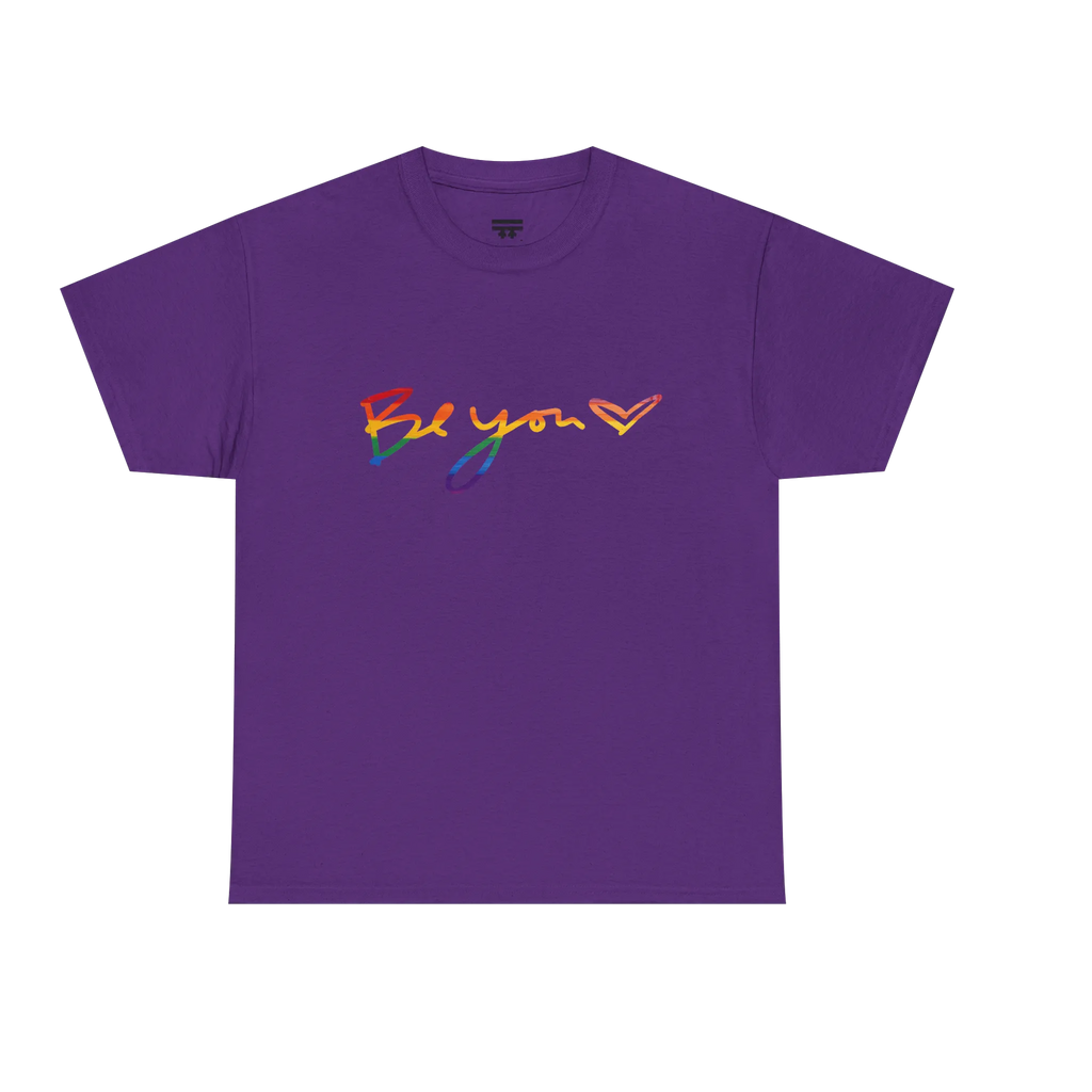 Be You rainbow script essential t-shirt, purple, rainbow Be You heart graphic, front view, FREEBRD Pride Gear