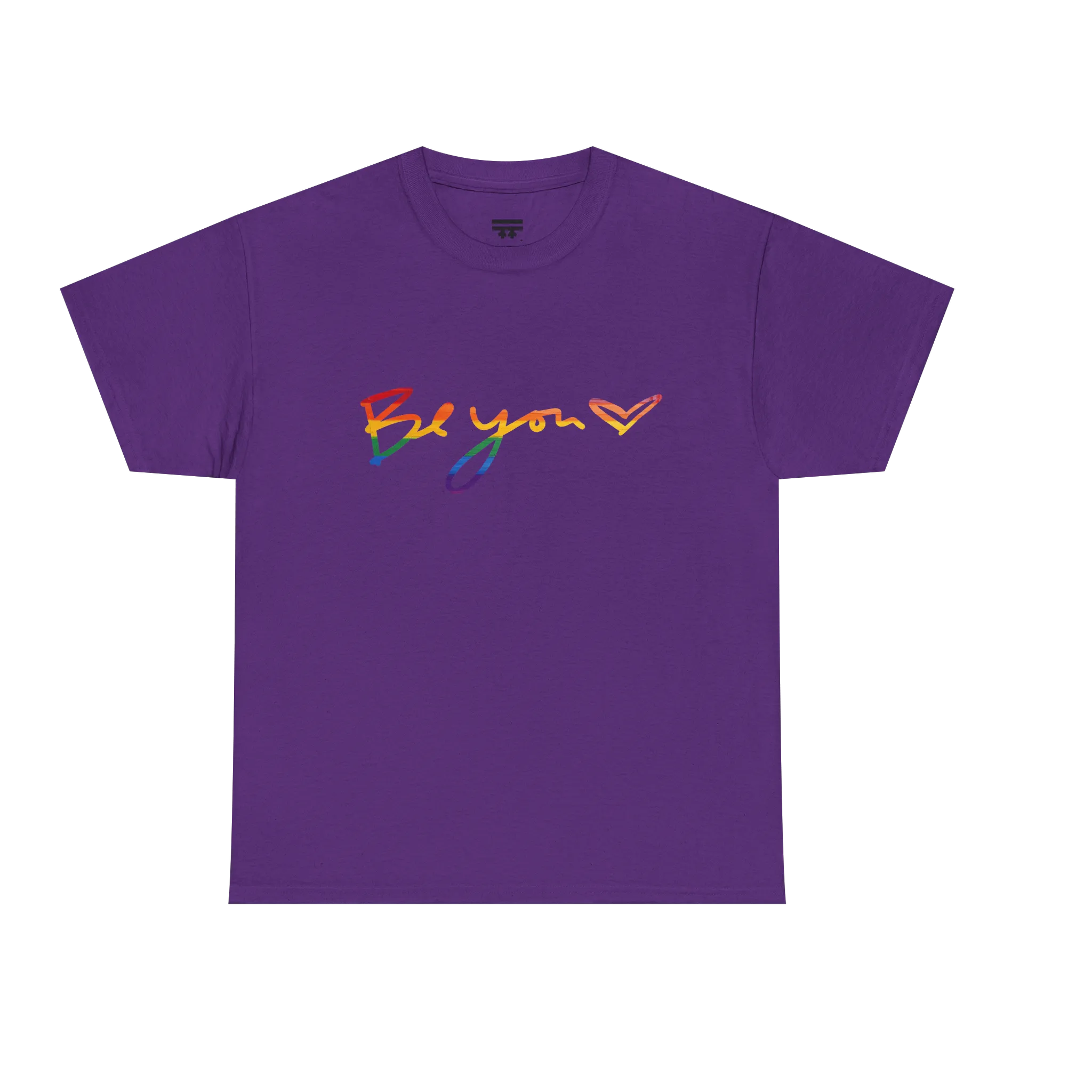 Be You rainbow script essential t-shirt, purple, rainbow Be You heart graphic, front view, FREEBRD Pride Gear