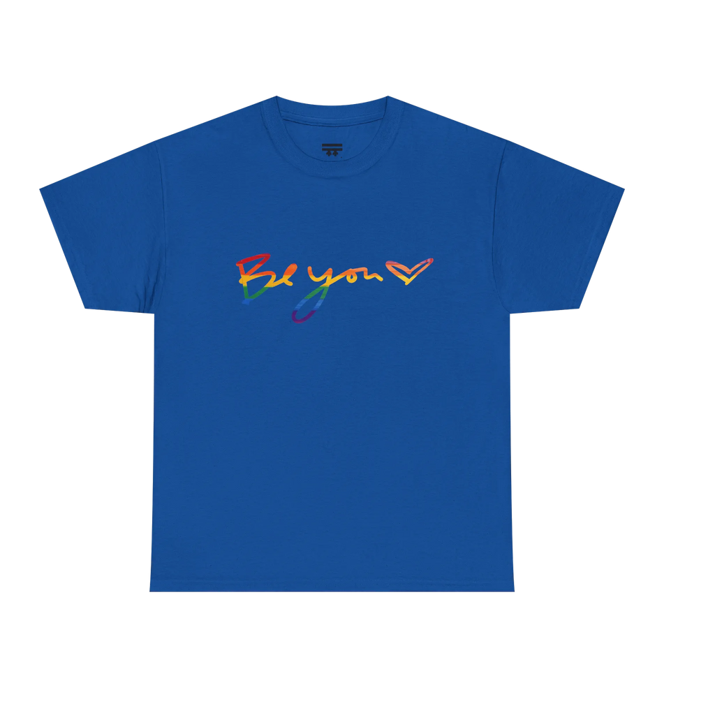 Be You rainbow script essential t-shirt, royal blue, rainbow Be You heart graphic, front view, FREEBRD Pride Gear.