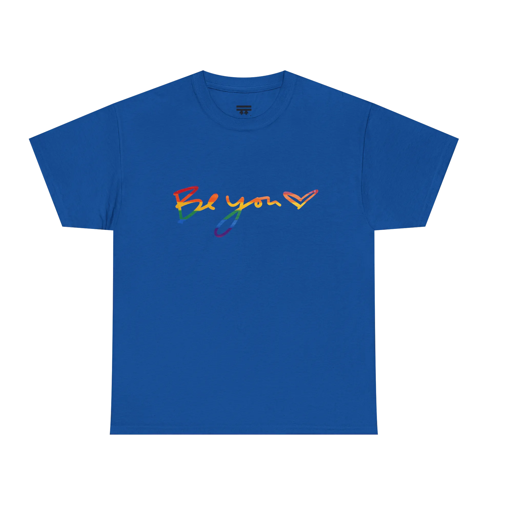 Be You rainbow script essential t-shirt, royal blue, rainbow Be You heart graphic, front view, FREEBRD Pride Gear.