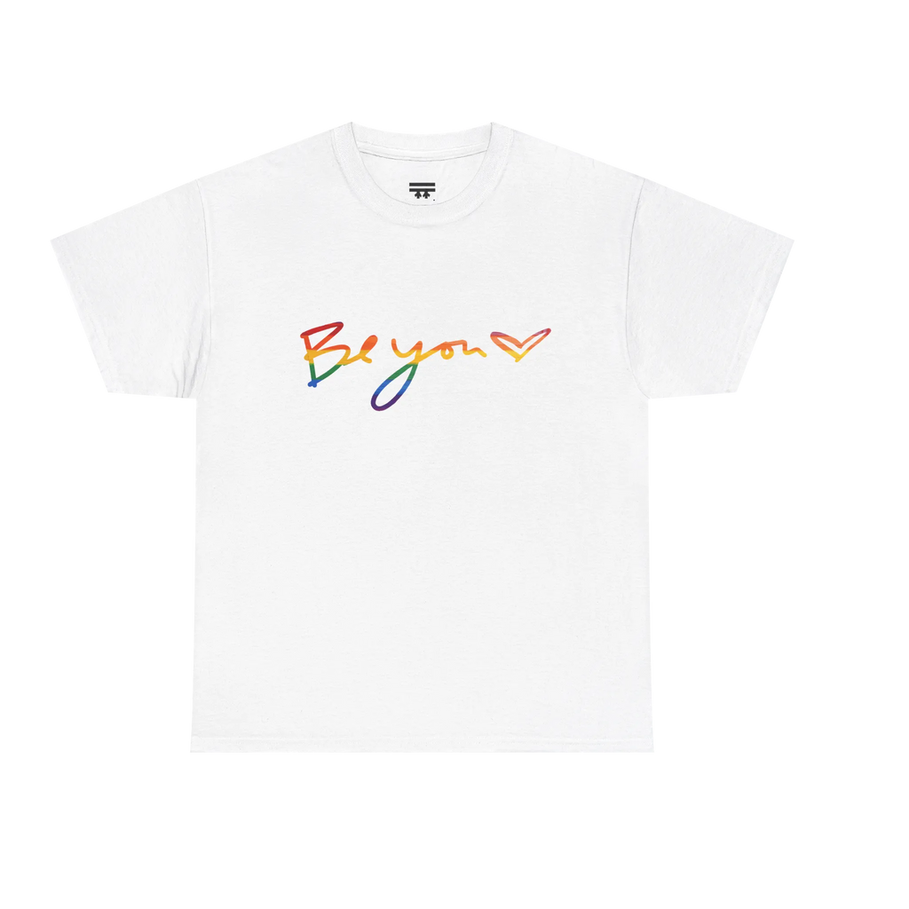 Be You rainbow script essential t-shirt, white, rainbow Be You heart graphic, front view, FREEBRD Pride Gear
