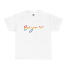 Be You rainbow script essential t-shirt, white, rainbow Be You heart graphic, front view, FREEBRD Pride Gear