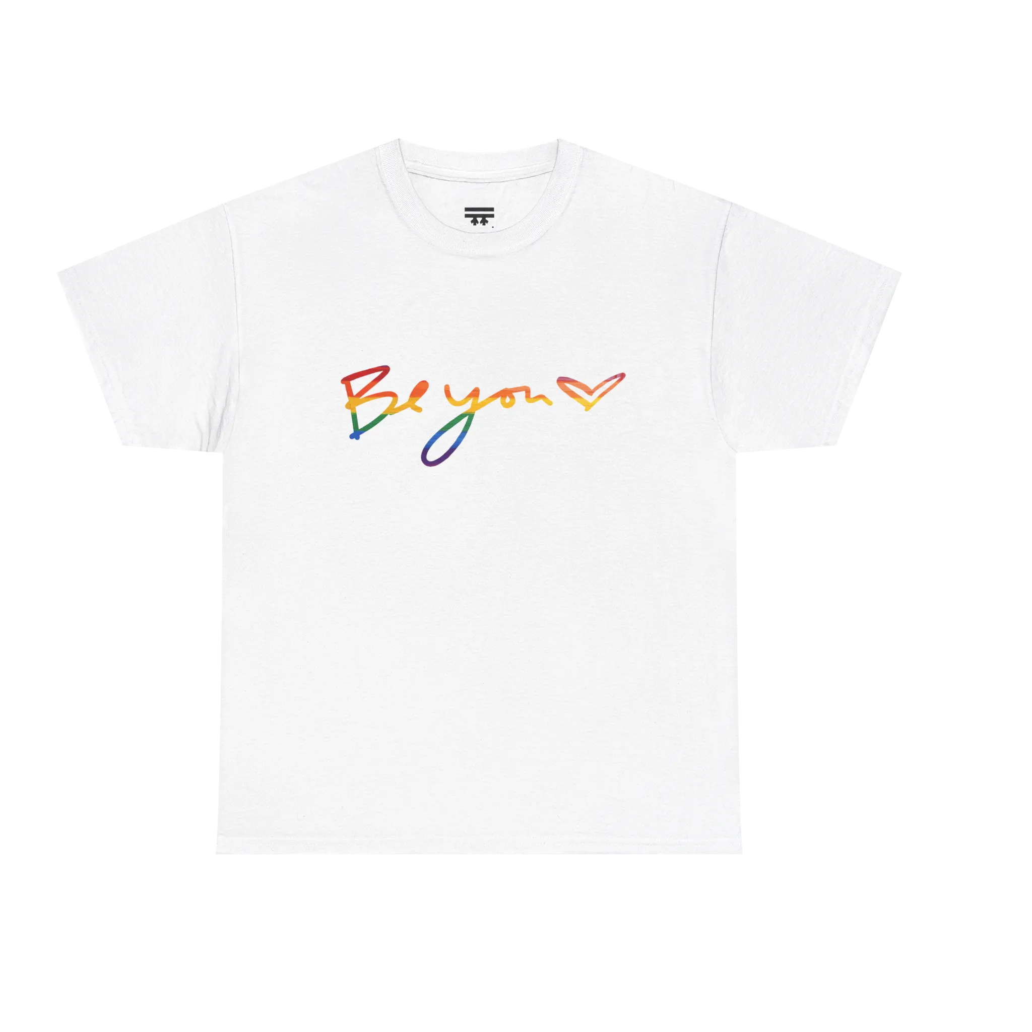 Be You rainbow script essential t-shirt, white, rainbow Be You heart graphic, front view, FREEBRD Pride Gear