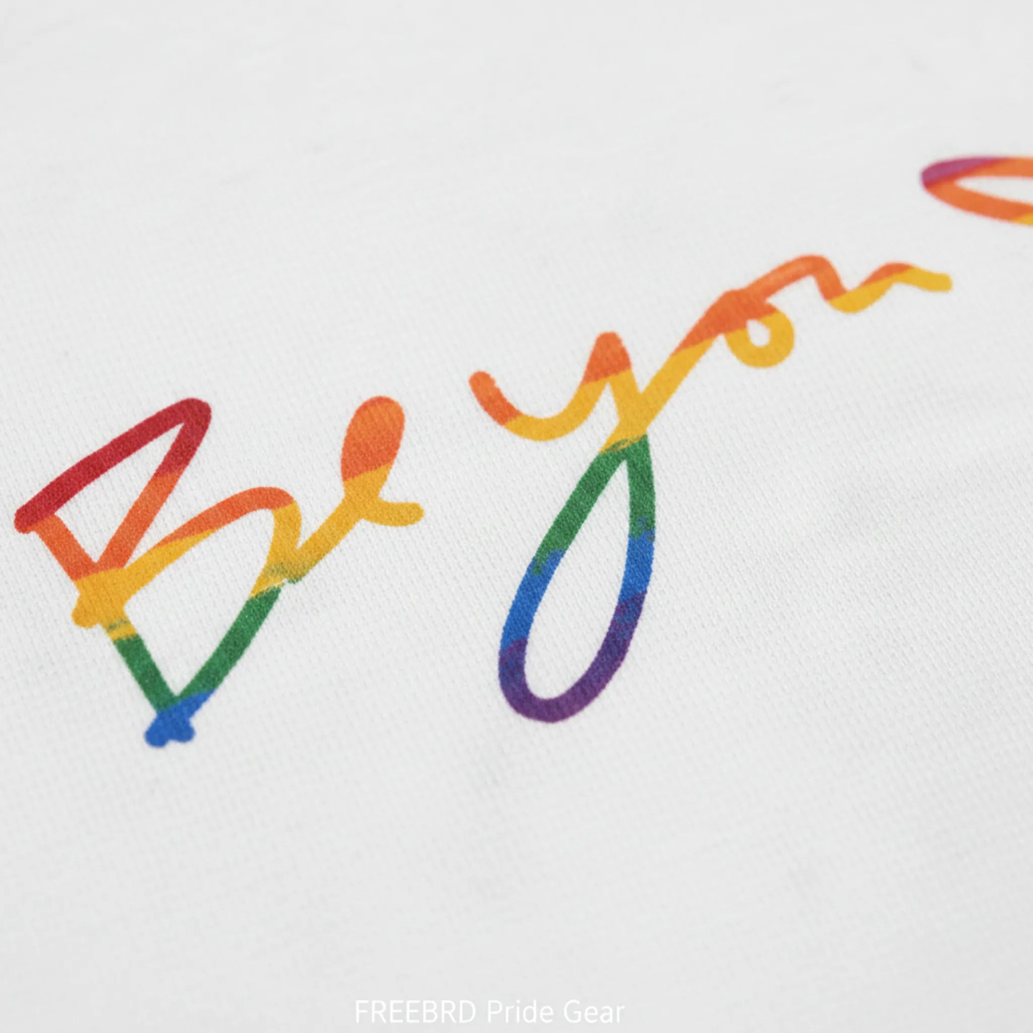 Be You rainbow script essential t-shirt, white, rainbow script graphic detail close-up, FREEBRD Pride Gear.
