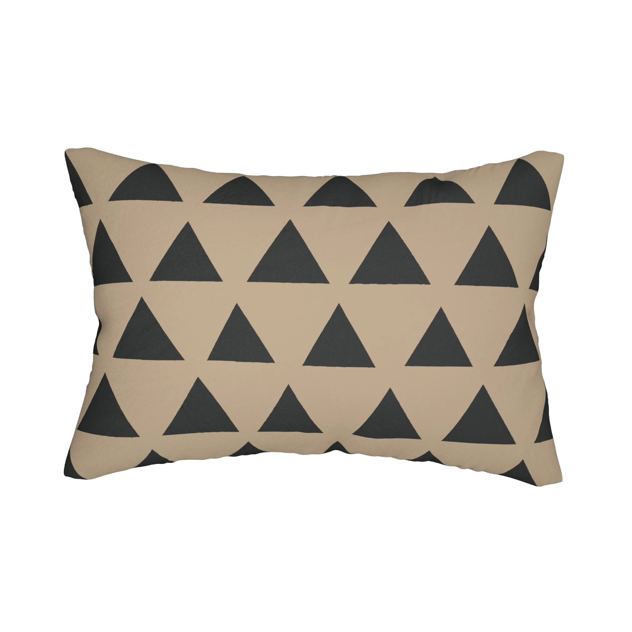 Beige black geometric triangle lumbar pillow, back view.