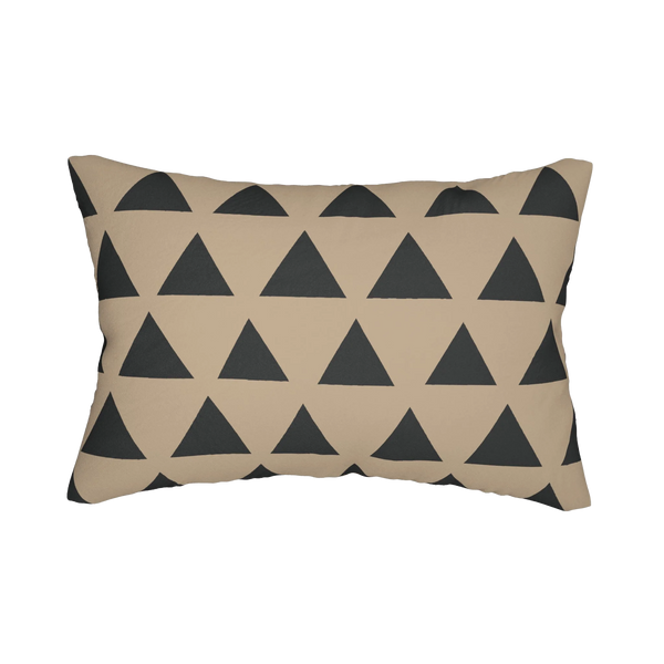 Beige black geometric triangle lumbar pillow, back view.