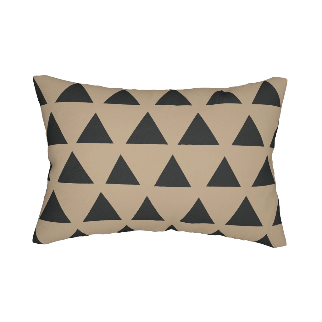 Beige black geometric triangle lumbar pillow, front view.