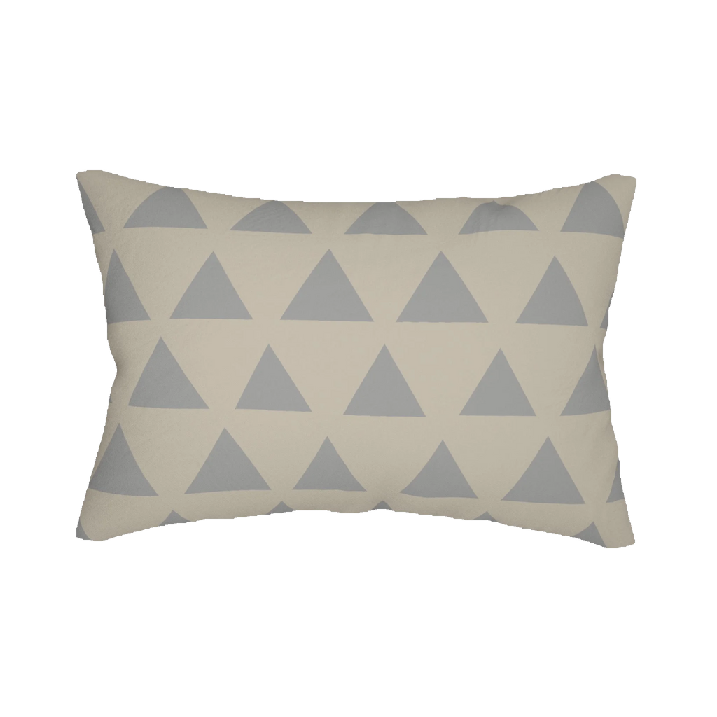 Beige stardust grey geometric triangle lumbar pillow, back view.