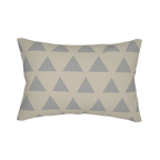 Beige stardust grey geometric triangle lumbar pillow, back view.