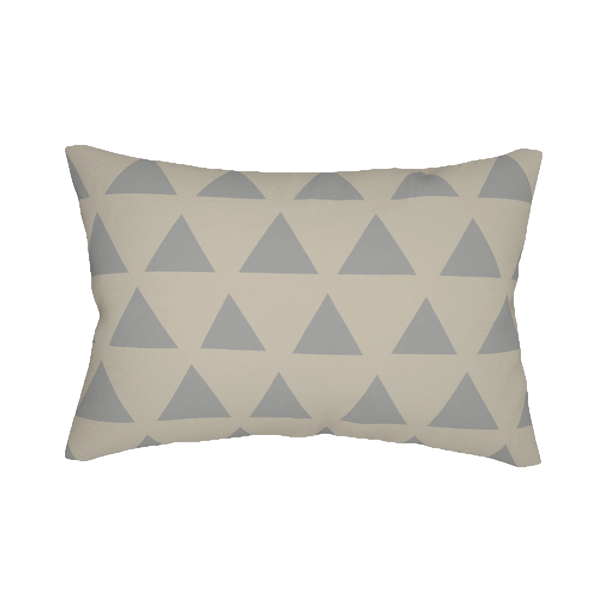 Beige stardust grey geometric triangle lumbar pillow, back view.