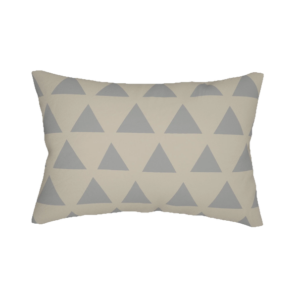 Beige stardust grey geometric triangle lumbar pillow, front view.