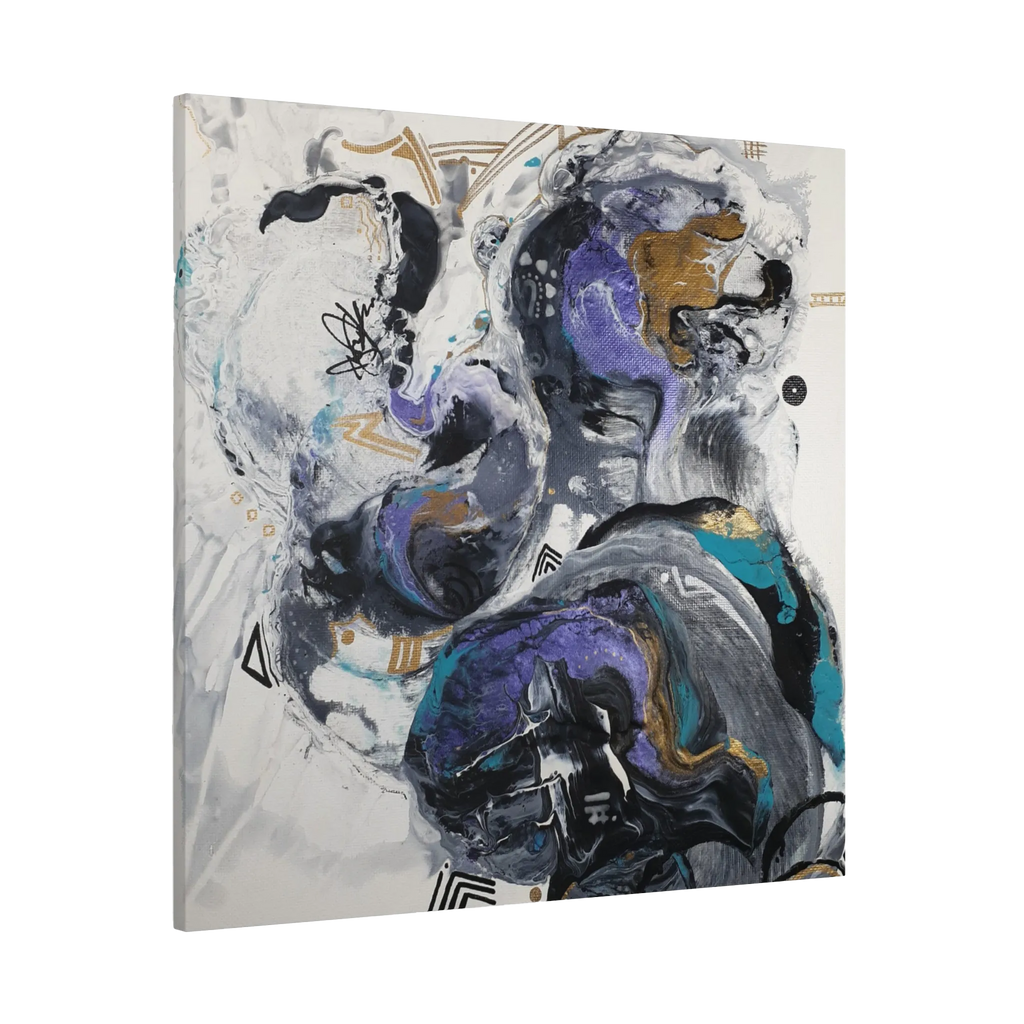 36”x 36” Modern Abstract “Biddy” Freebrd art piece with a mix of blues, purple, silver, black, gold and white on a 1.25 Inch canvas.