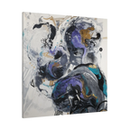 36”x 36” Modern Abstract “Biddy” Freebrd art piece with a mix of blues, purple, silver, black, gold and white on a 1.25 Inch canvas.