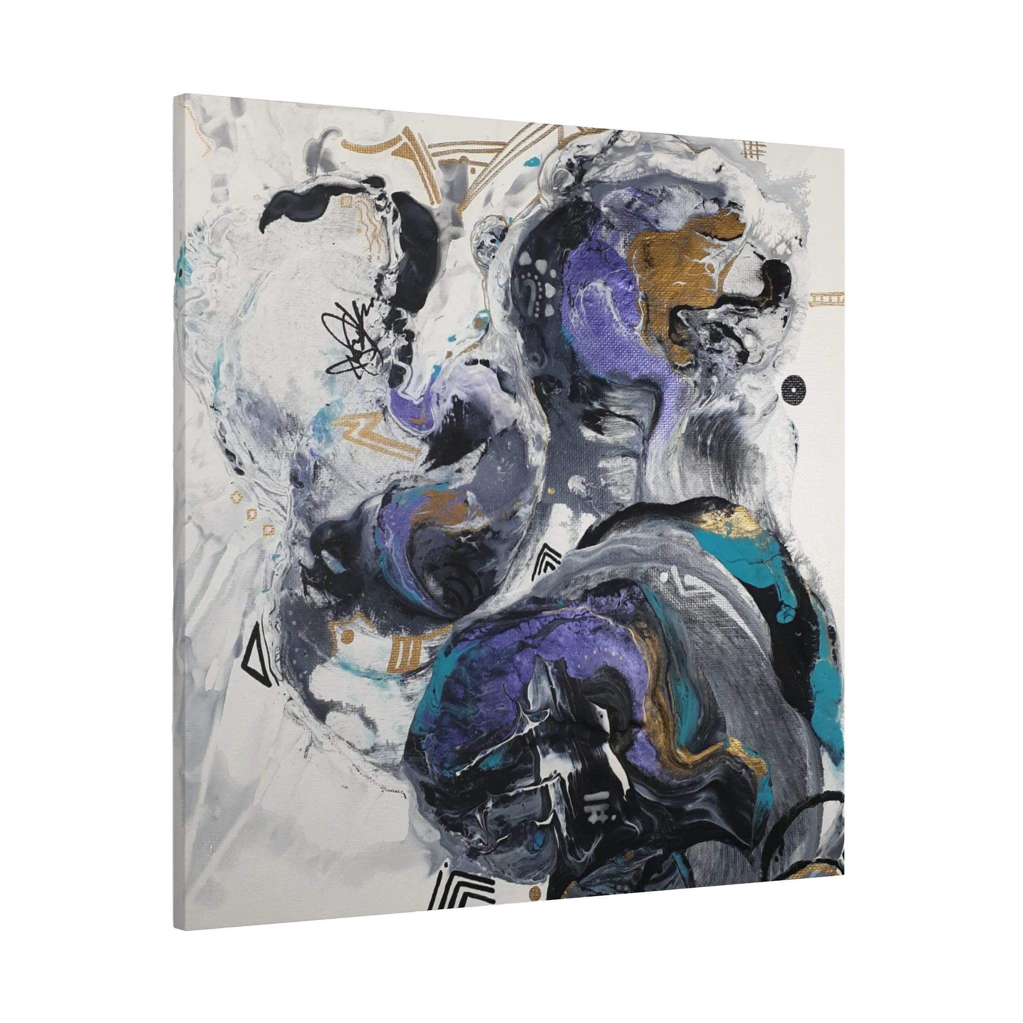 36”x 36” Modern Abstract “Biddy” Freebrd art piece with a mix of blues, purple, silver, black, gold and white on a 1.25 Inch canvas.