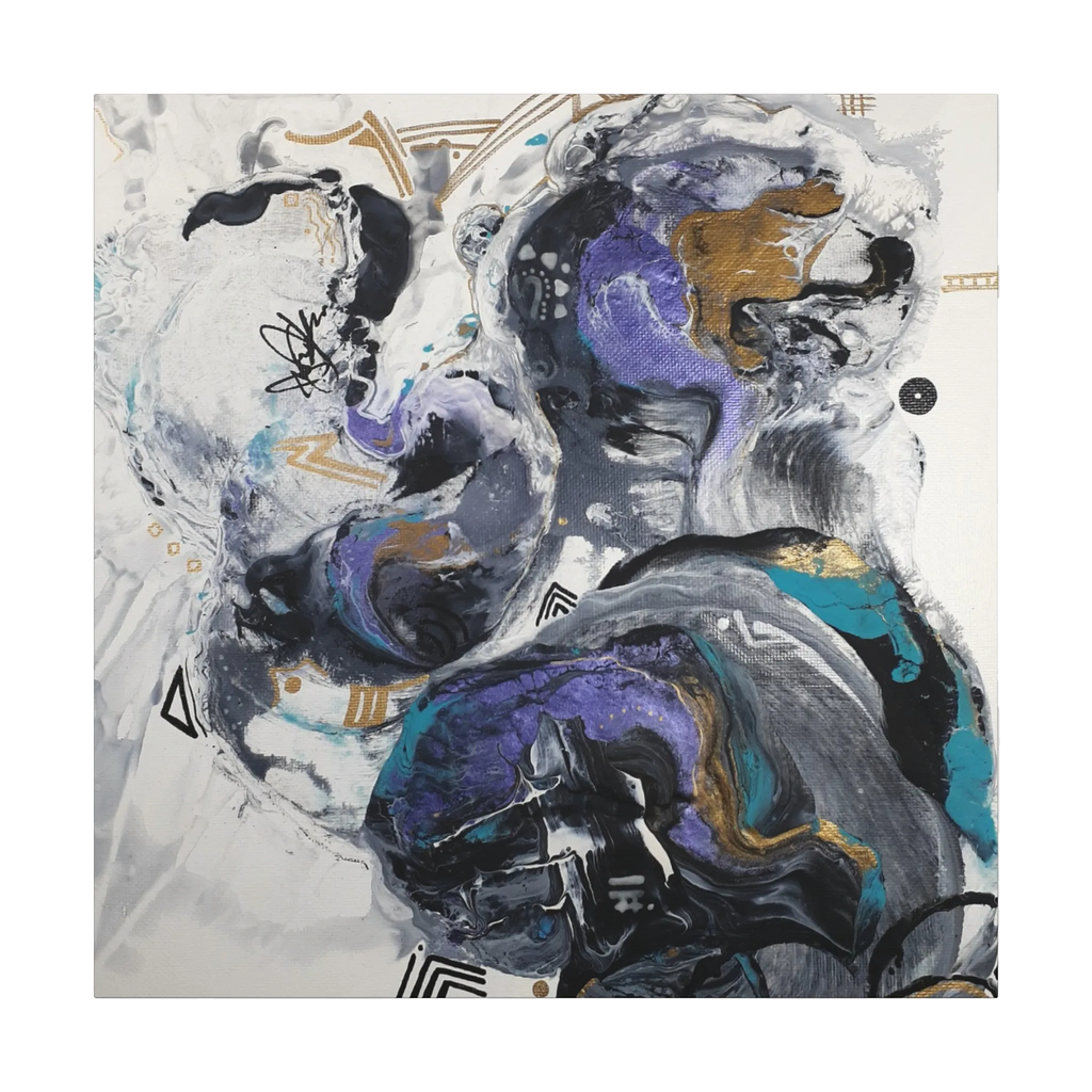 36”x 36” Modern Abstract “Biddy” Freebrd art piece with a mix of blues, purple, silver, black, gold and white on a 1.25 Inch canvas..