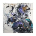 36”x 36” Modern Abstract “Biddy” Freebrd art piece with a mix of blues, purple, silver, black, gold and white on a 1.25 Inch canvas..