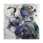 36”x 36” Modern Abstract “Biddy” Freebrd art piece with a mix of blues, purple, silver, black, gold and white on a 1.25 Inch canvas..
