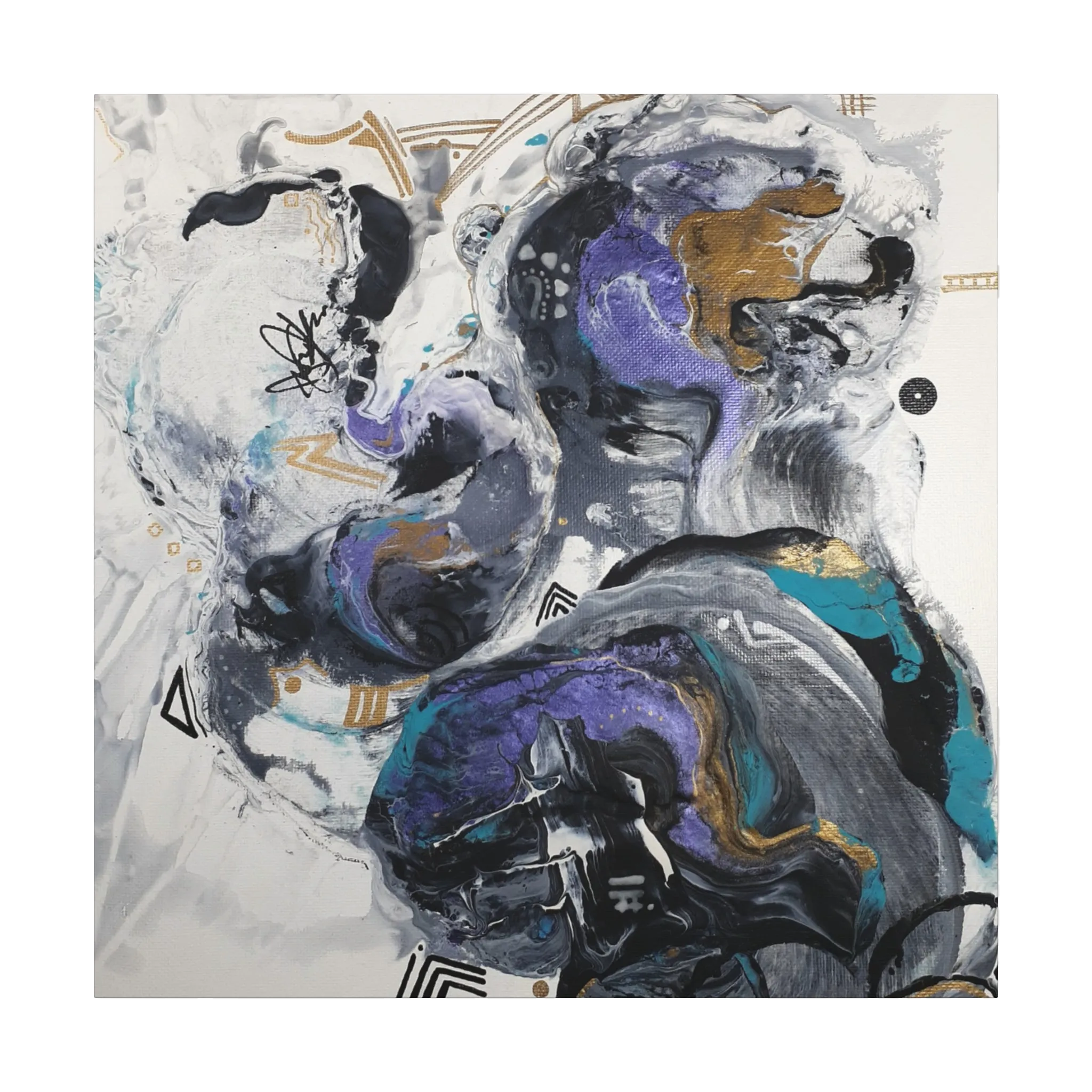 36”x 36” Modern Abstract “Biddy” Freebrd art piece with a mix of blues, purple, silver, black, gold and white on a 1.25 Inch canvas..