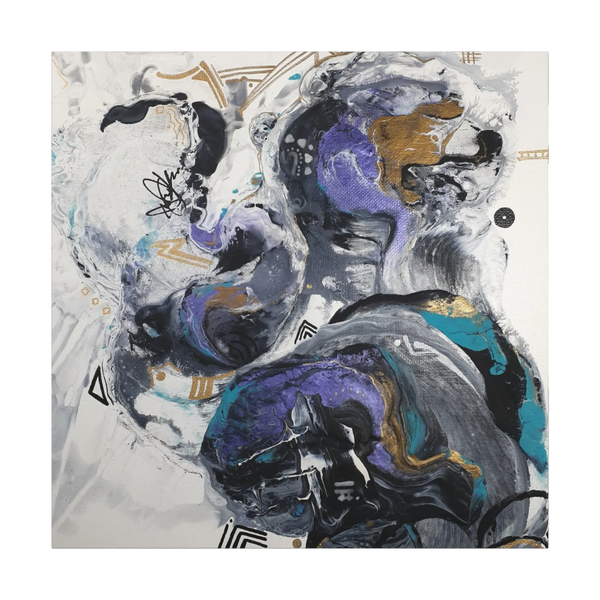 36”x 36” Modern Abstract “Biddy” Freebrd art piece with a mix of blues, purple, silver, black, gold and white on a 1.25 Inch canvas..