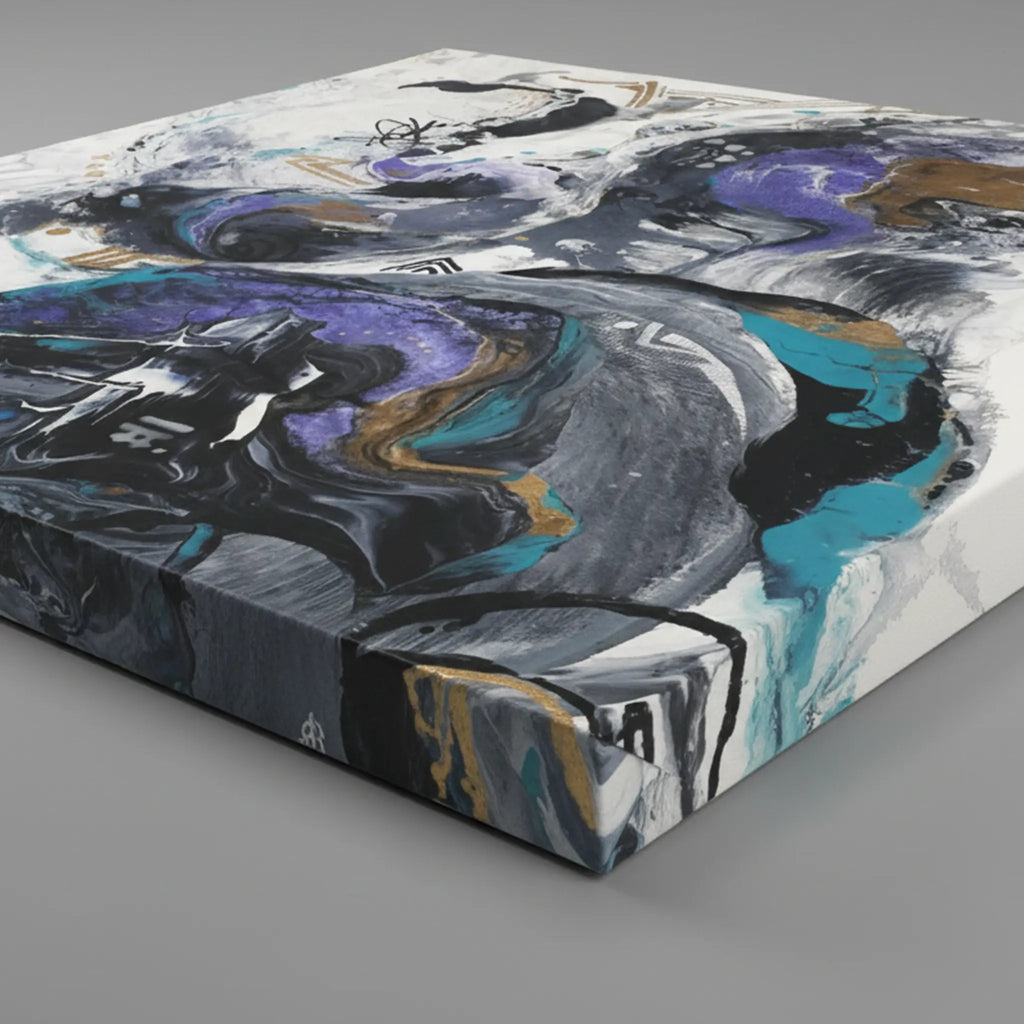 Side profile depth shot of Freebrd "Biddy" unframed abstract canvas art, 36x36 square, showcasing 1.25" thick gallery-wrap canvas edge with white, deep purple, violet, teal, gold, and charcoal artwork wrap.