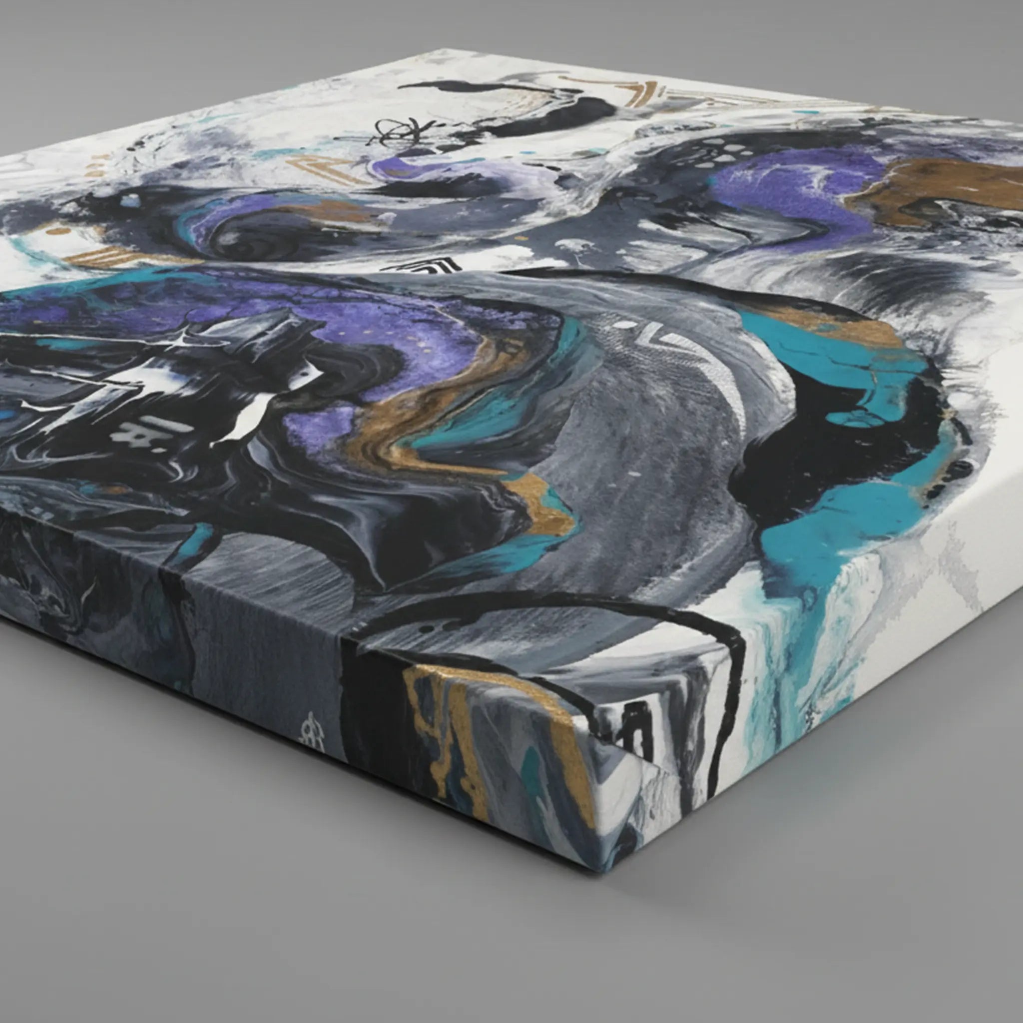 Side profile depth shot of Freebrd "Biddy" unframed abstract canvas art, 36x36 square, showcasing 1.25" thick gallery-wrap canvas edge with white, deep purple, violet, teal, gold, and charcoal artwork wrap.