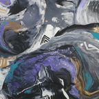 Close-up macro texture of Freebrd "Biddy" unframed abstract canvas art, 36x36 square, 1.25" thick canvas, white background with deep purple, violet, teal, metallic gold, charcoal, and black fluid pour brushwork detail.