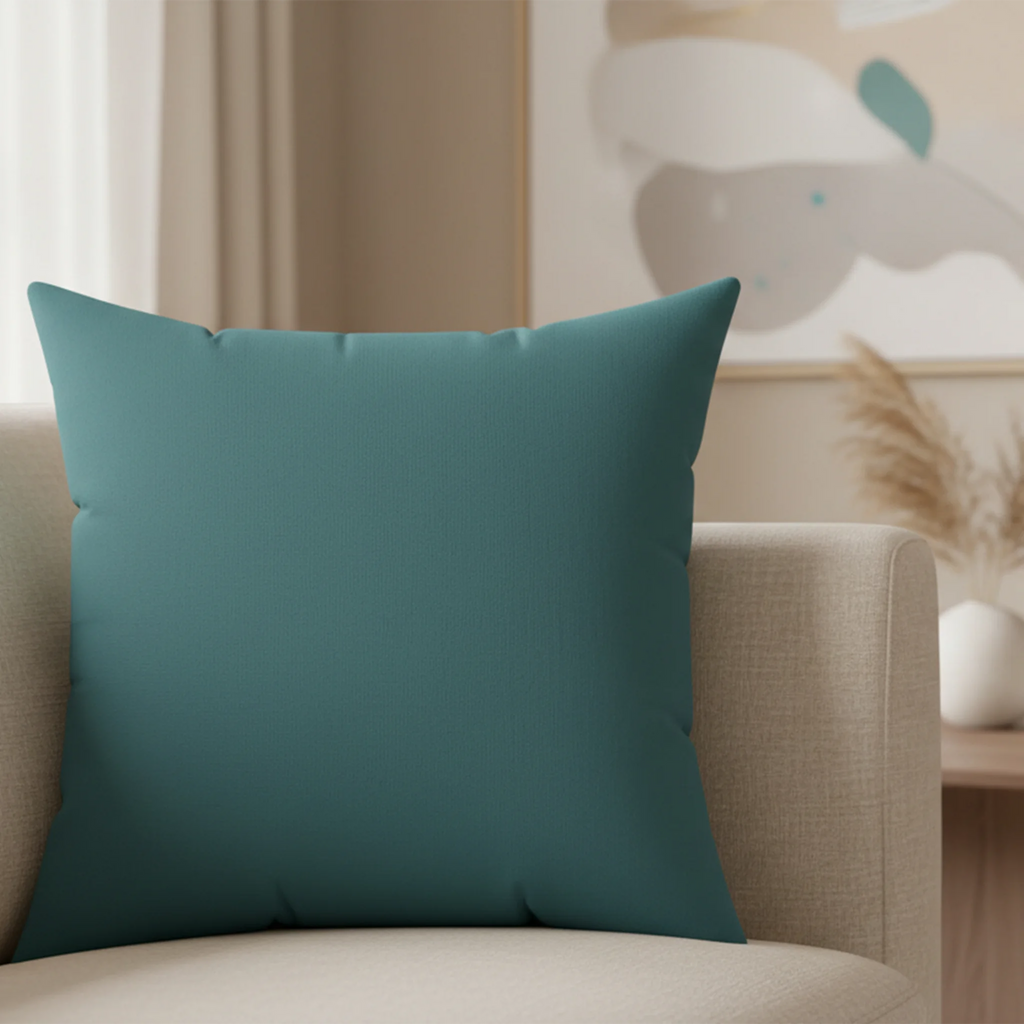 Bismark teal faux suede pillow styled on sofa, saturated teal home decor.