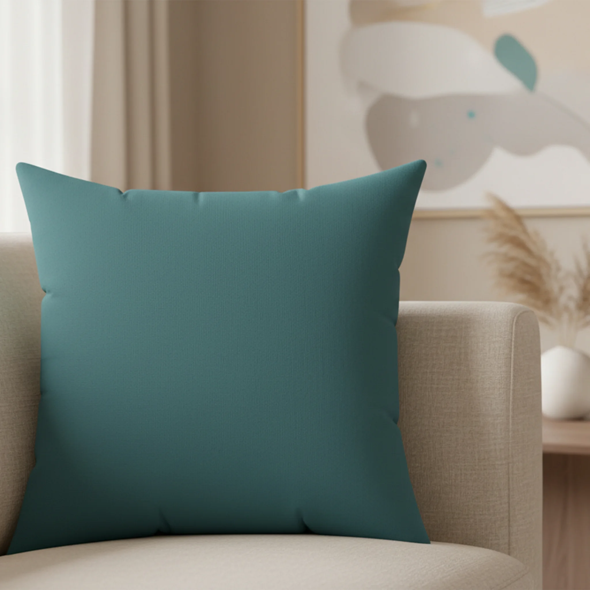 Bismark teal faux suede pillow styled on sofa, saturated teal home decor.