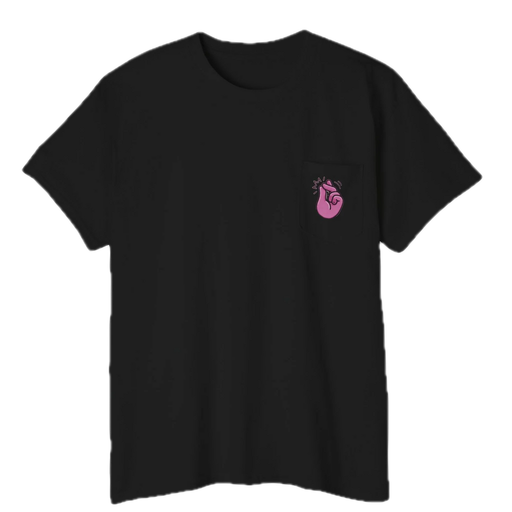 A FREEBRD black classic cotton pocket t-shirt with a baby pink cartoon finger-snap Clock It graphic printed on the front chest pocket.