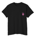 A FREEBRD black classic cotton pocket t-shirt with a baby pink cartoon finger-snap Clock It graphic printed on the front chest pocket.