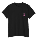 A FREEBRD black classic cotton pocket t-shirt with a baby pink cartoon finger-snap Clock It graphic printed on the front chest pocket.