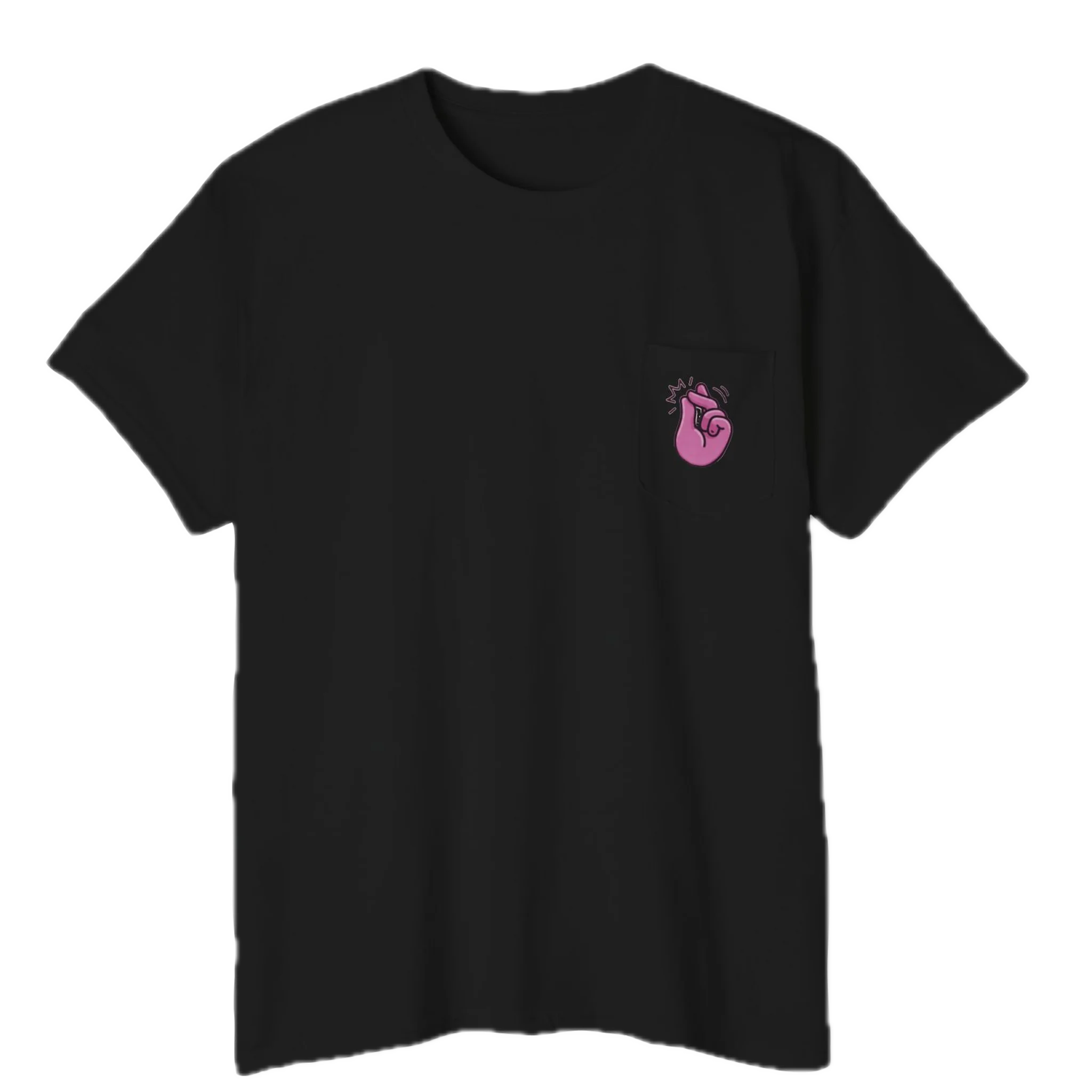 A FREEBRD black classic cotton pocket t-shirt with a baby pink cartoon finger-snap 'Clock It' graphic printed on the front chest pocket.