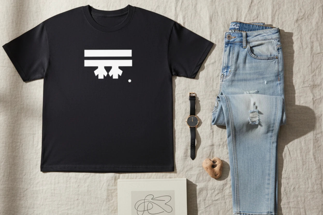 A bird’s-eye lay display showing the Freebrd Logo Classic T-Shirt in black that has a white Freebrd Logo on the chest, jeans, a classic watch, a stone and book lying on a texture surface. 
