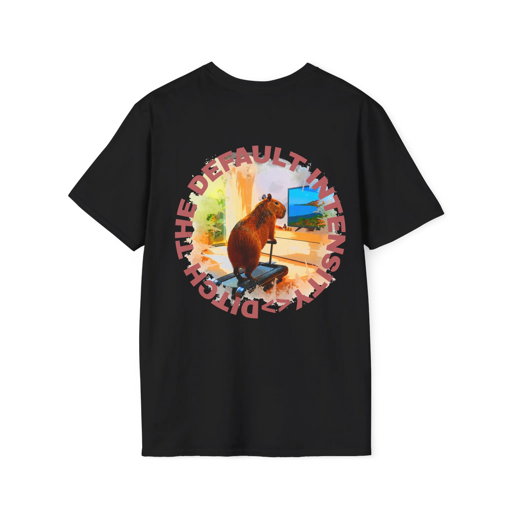 A black t-shirt featuring a capybara on a treadmill graphic with red Ditch The Default Intensity circular text on the back.