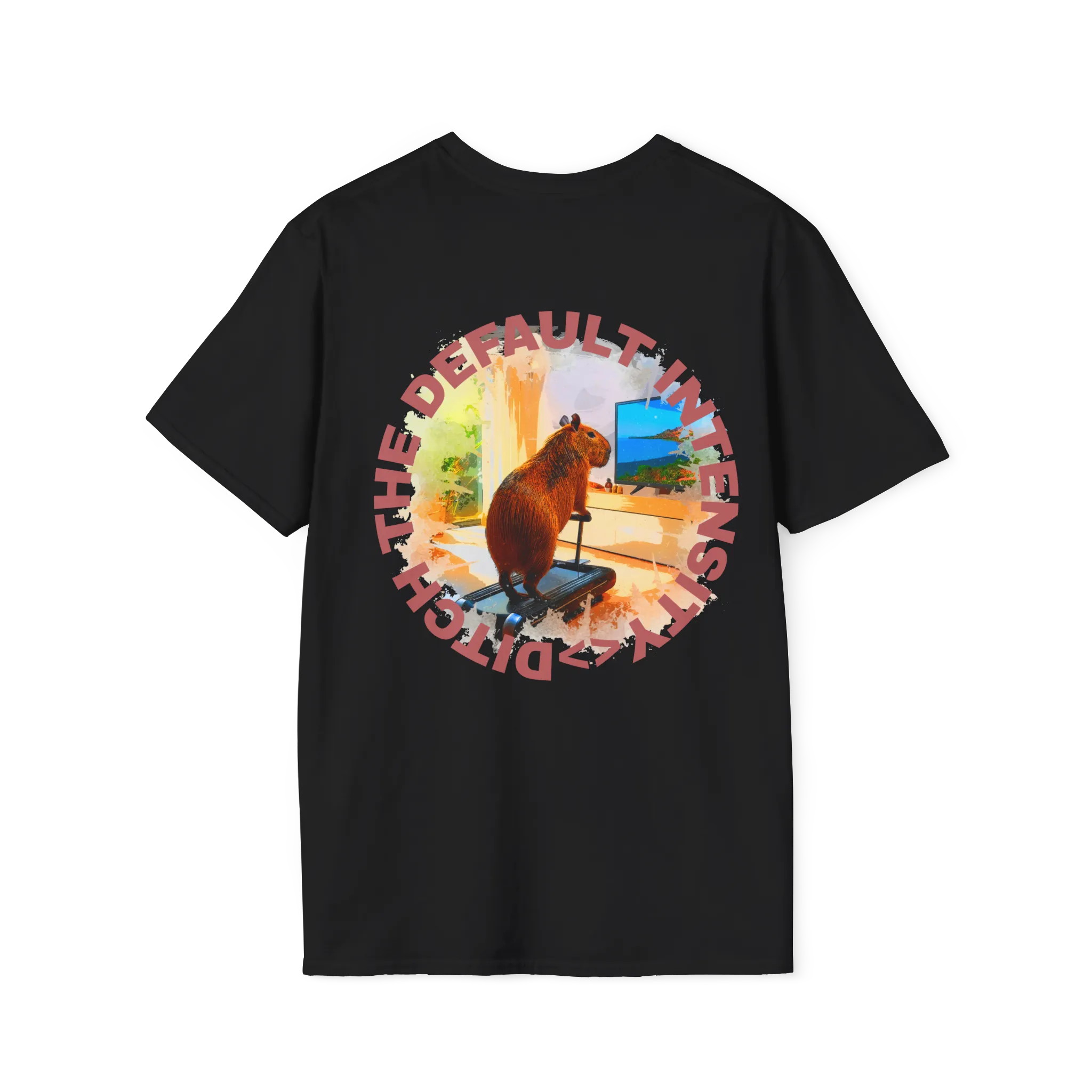 A black t-shirt featuring a capybara on a treadmill graphic with red Ditch The Default Intensity circular text on the back.