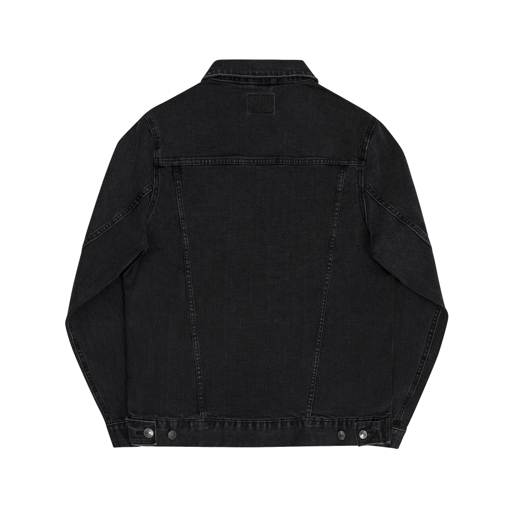 Black Denim trucker jacket, embroidered logo sleeve, back view.