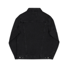 Black Denim trucker jacket, embroidered logo sleeve, back view.
