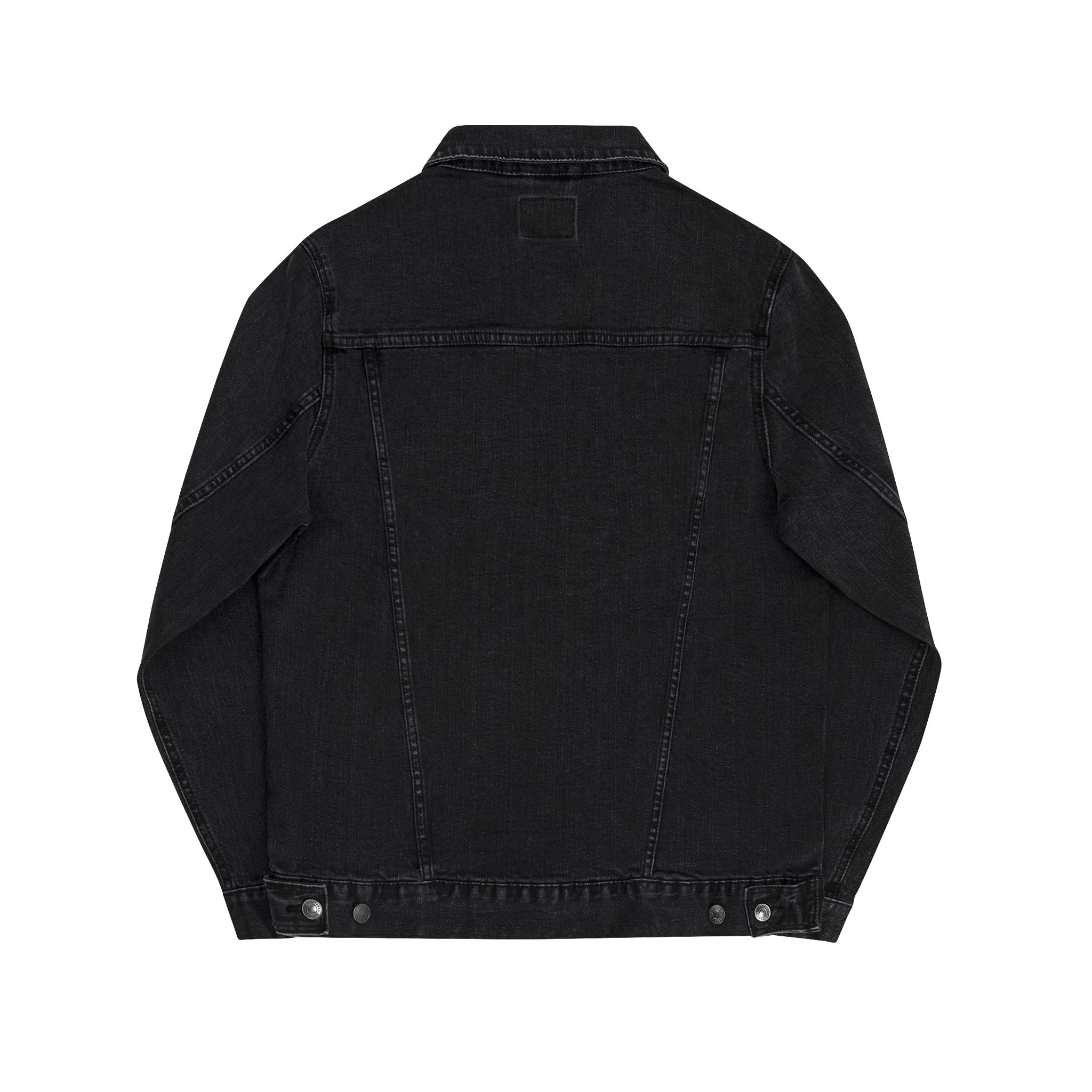 Black Denim trucker jacket, embroidered logo sleeve, back view.