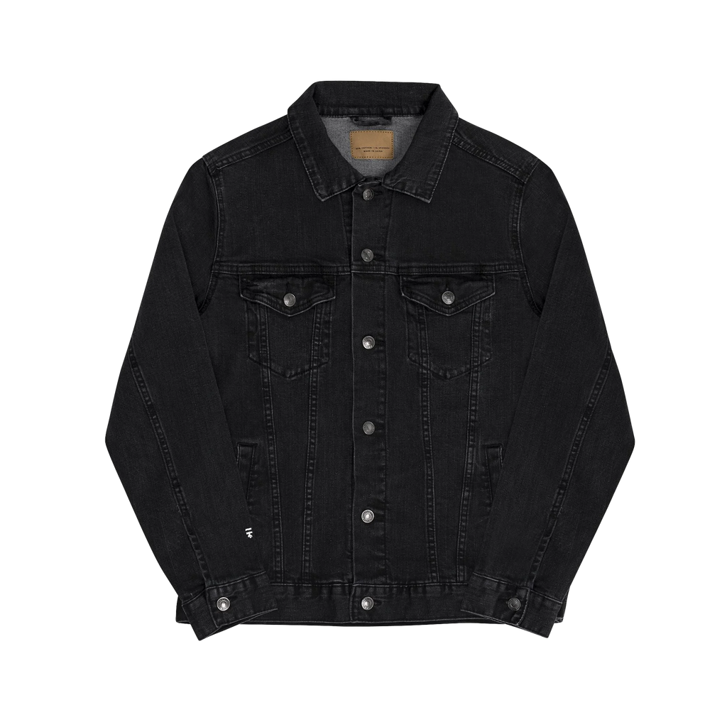 Black Denim trucker jacket, embroidered logo sleeve, front view.