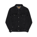 Black Denim trucker jacket, embroidered logo sleeve, front view.