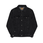 Black Denim trucker jacket, embroidered logo sleeve, front view.