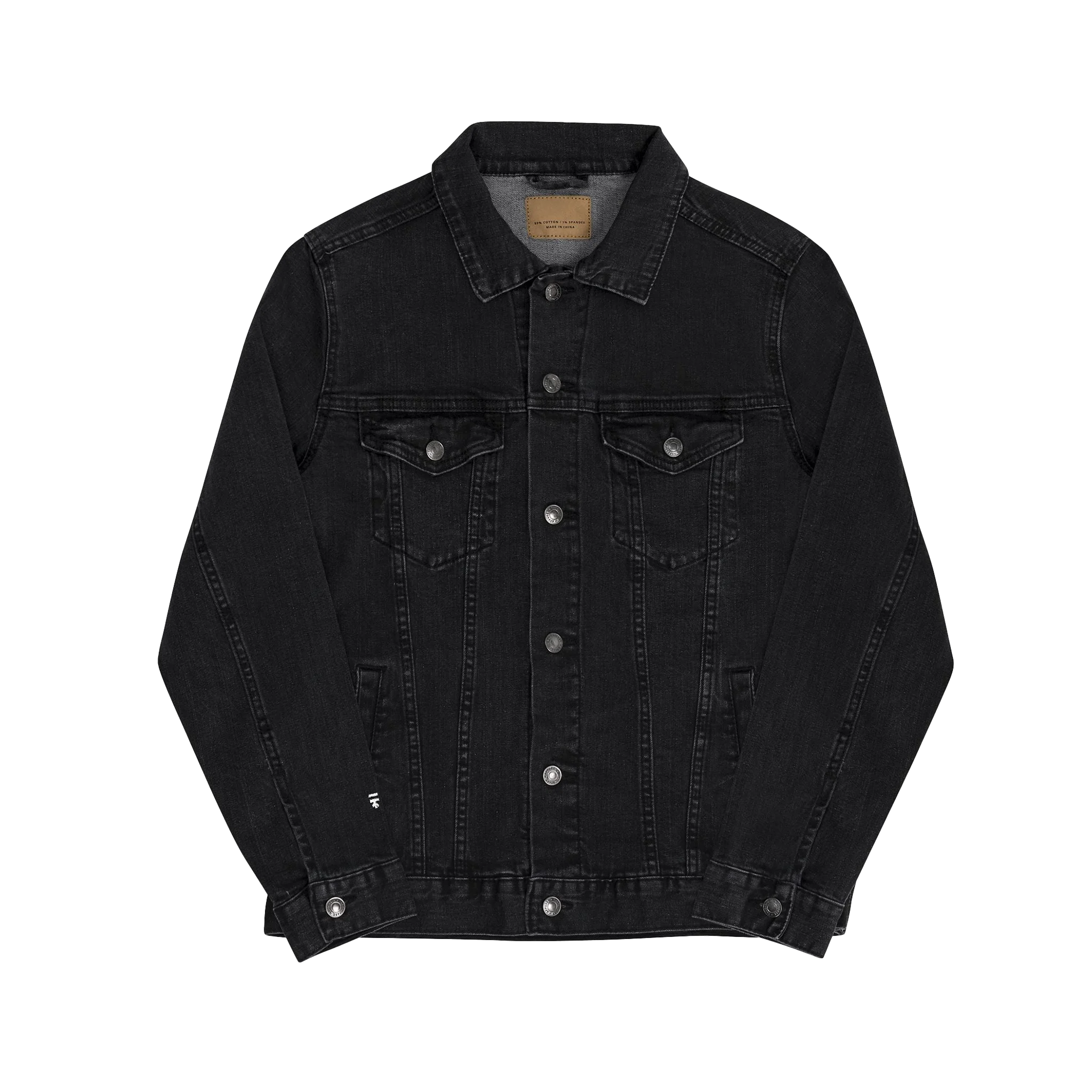 Black Denim trucker jacket, embroidered logo sleeve, front view.