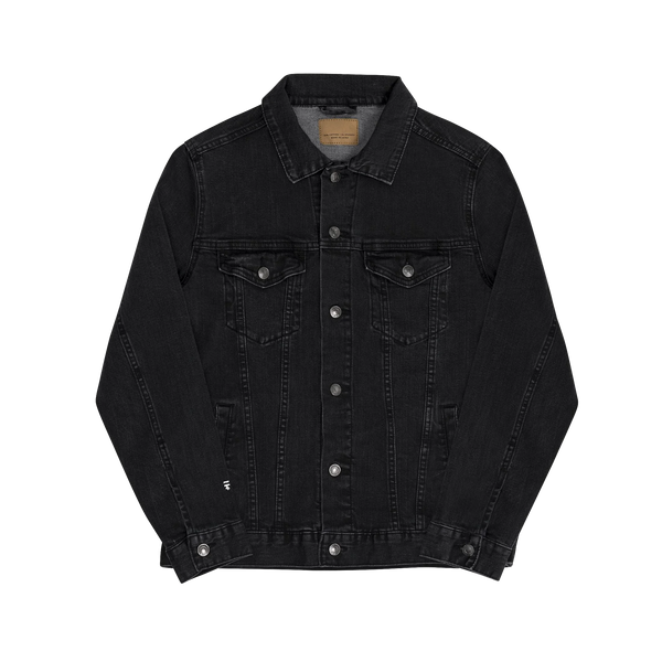 Black denim trucker jacket, FREEBRD logo embroidered on right wrist sleeve, dual chest pockets, button-front closure, front view.